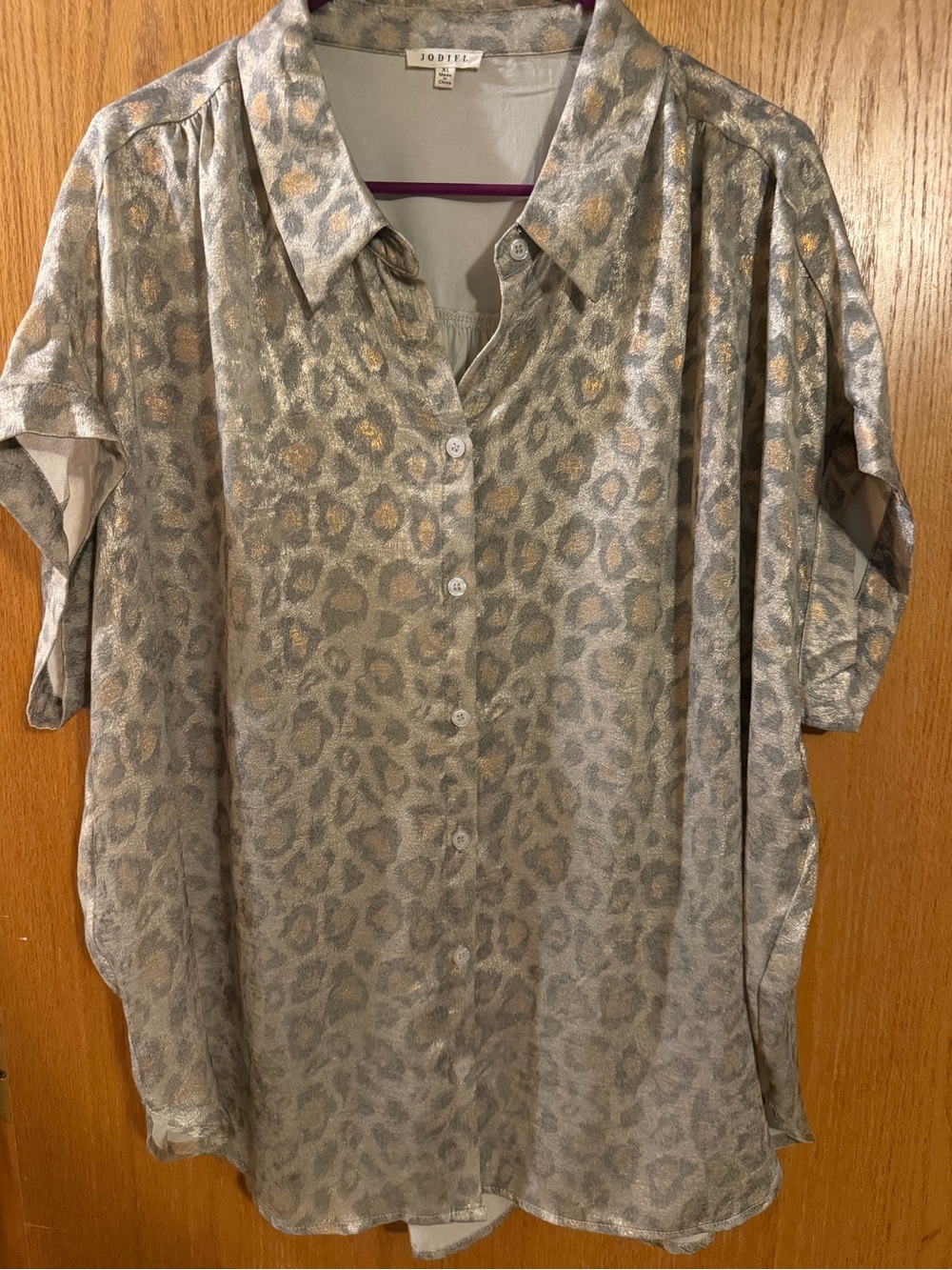 JODIFL Metallic Taupe and Gold Leopard Button-Down Shirt